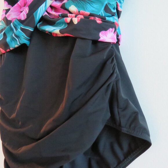 LAND'S END Tropical Floral Ruched Slimming One Piece Swimsuit Black Pink - Sz 14 - Picture 8 of 15